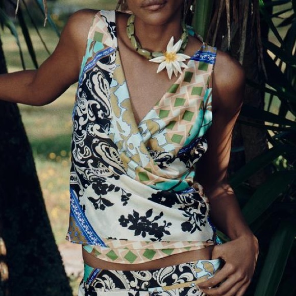 Zara Satin Scarf Print Draped Top Patchwork Wrap Sleeveless Blouse Size S - Picture 5 of 8